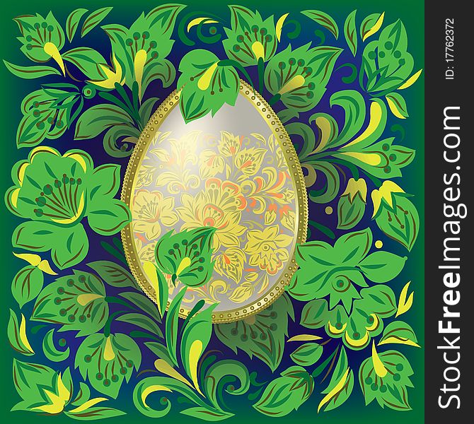 Gold easter egg in green floral ornament. Gold easter egg in green floral ornament