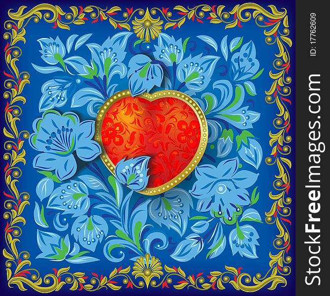 Valentines greeting with red heart in blue floral ornament