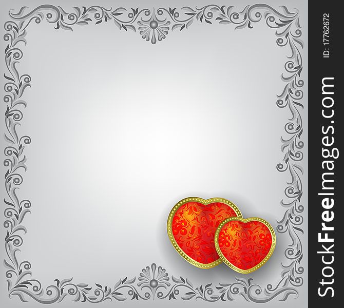 Valentines greeting with red hearts on gray floral background