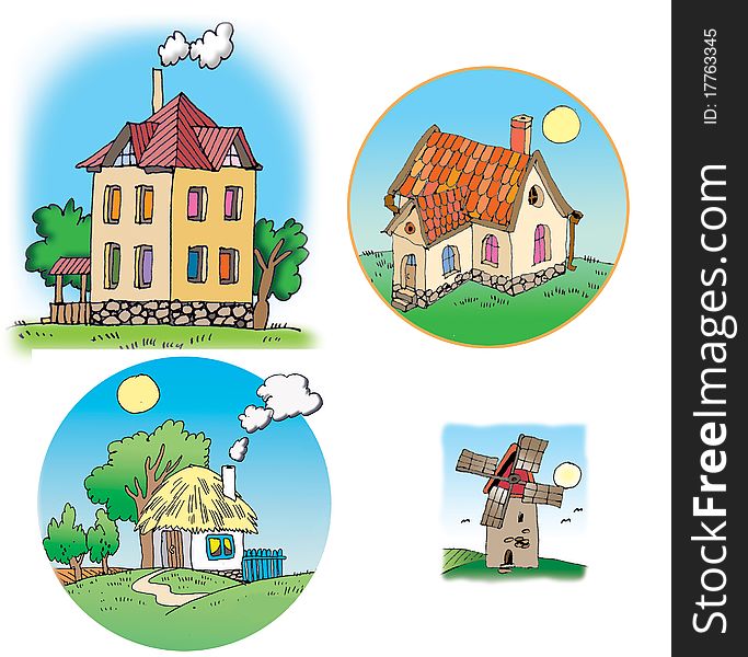 Hand drawn illustrations about different houses. On white background. Hand drawn illustrations about different houses. On white background