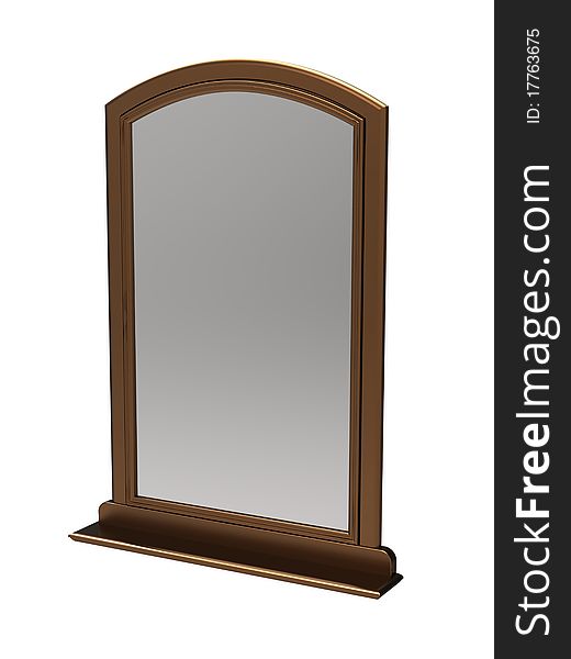 3d mirror in a wooden framework brown on a white background