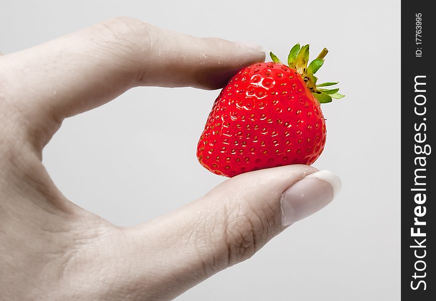 Colorful strawberry between pale fingers. Colorful strawberry between pale fingers.