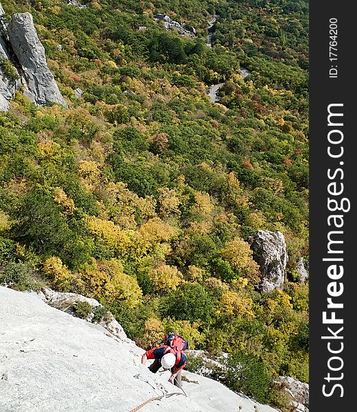 Leading on Latvia route, Uarch-Kaya mountain, Crimea, Ukraine. 2nd rope. Leading on Latvia route, Uarch-Kaya mountain, Crimea, Ukraine. 2nd rope.