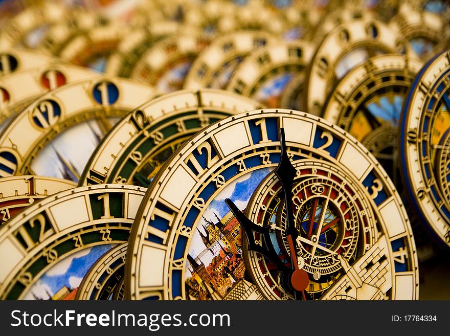 Many small astronomical clocks. These clocks are a symbol of Prague. Many small astronomical clocks. These clocks are a symbol of Prague