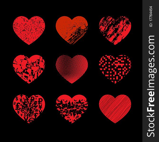 Hearts Set of different textures on a black background. Hearts Set of different textures on a black background.