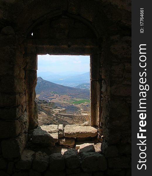 View from a window in the Acrocorinth ancient fortress. View from a window in the Acrocorinth ancient fortress