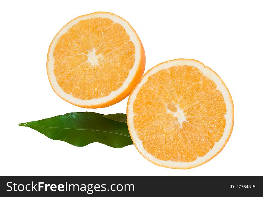 Cropped orange with green leaves isolated on the white background