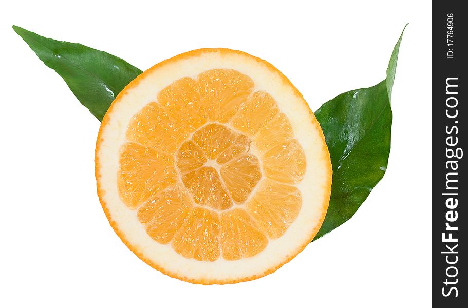 Orange segment with green leaves isolated on the white background
