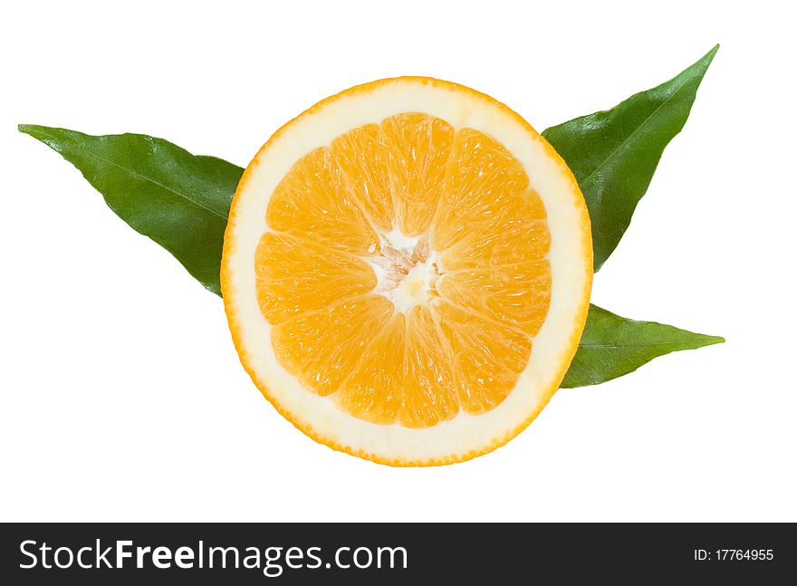 Orange slice with green leaves on the white background