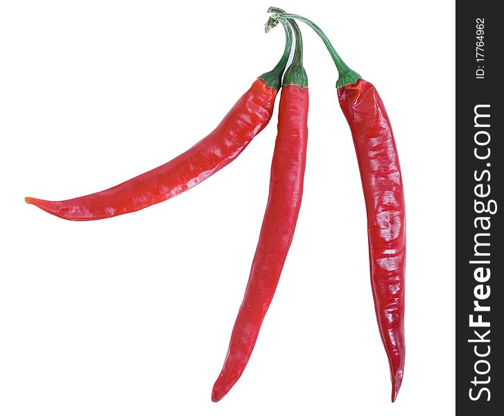 Three red chilly peppers with green sticks on the white