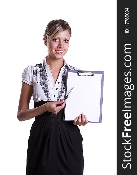 Portrait of a happy businesswoman pointing at white blank card against. Business woman standing beside billboard. Portrait of a happy businesswoman pointing at white blank card against. Business woman standing beside billboard