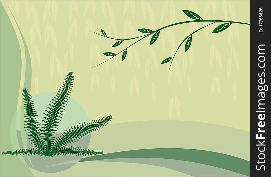 Landscape floral ornament in the form of tree branches and ferns on a abstract green background. Landscape floral ornament in the form of tree branches and ferns on a abstract green background