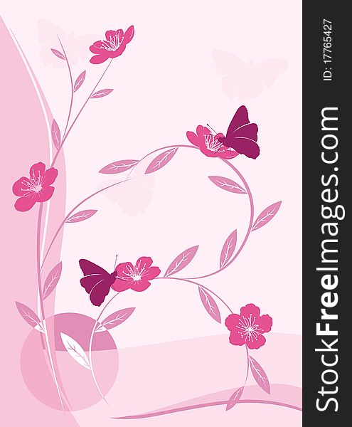 Floral ornament in the form of flowering branches and butterfly on a abstract pink background. Floral ornament in the form of flowering branches and butterfly on a abstract pink background