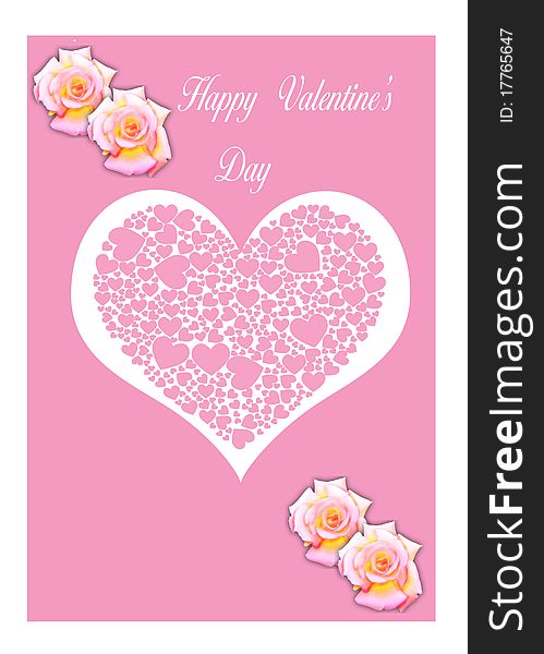 Pinkish roses and pink hearts on a white  background all isolated on a pink background comprise this illustration. Pinkish roses and pink hearts on a white  background all isolated on a pink background comprise this illustration