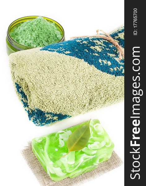 Spa products - towels, sea salt, soap (isolated on white background)