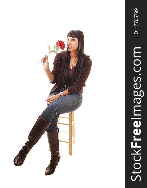 A beautiful woman sitting and a rose in her hand, in jeans and
a brown sweater and boots and long black hair, on white background. A beautiful woman sitting and a rose in her hand, in jeans and
a brown sweater and boots and long black hair, on white background.