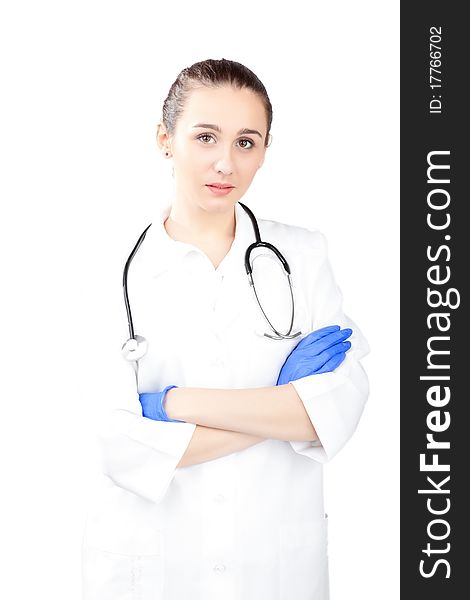 Female medical doctor working with a microscope. Female medical doctor working with a microscope