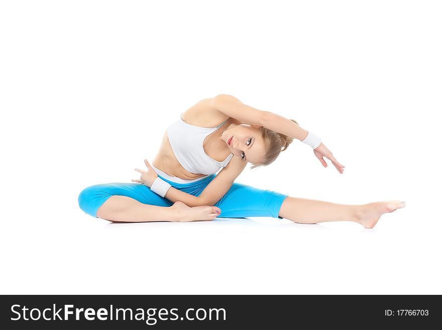 Women in fitness over white background with blond hair