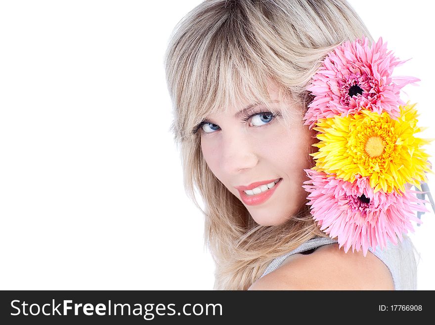 Beautiful woman over white background with flowers