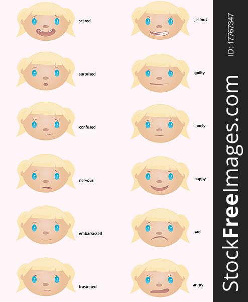 Cartoon faces depicting various emotions, great for teaching kids. Cartoon faces depicting various emotions, great for teaching kids.