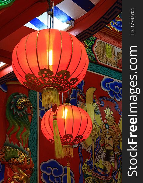 Red lamp in chinese temple on night