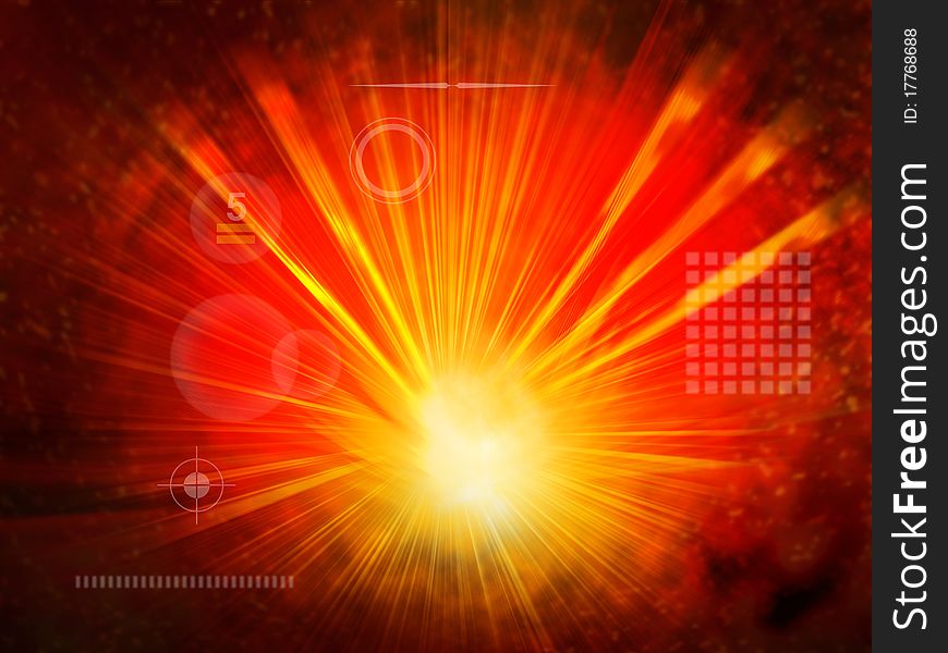 3D light beam explosion with burning background. 3D light beam explosion with burning background