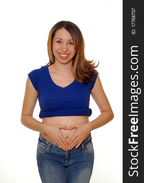 Young pregnant hispanic woman touching her small belly. Young pregnant hispanic woman touching her small belly
