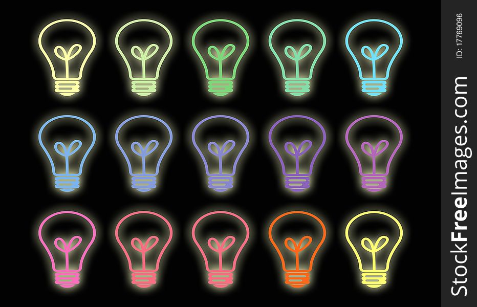 Colorful lightbulbs pattern on black background