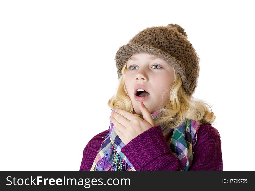 Girl has sniff and is sneezing. Isolated on white background.