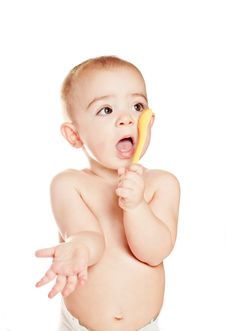 Small Beautiful Baby Girl With Yelllow Spoon Stock Photography Small Beautiful Baby Girl With Yelllow Spoon Stock Photography
