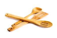 Set Of Kitchen Utensils Made Of Bamboo, Isolated Stock Photos