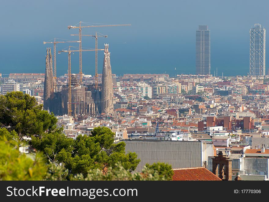 Panorama of Barcelona, Sagrada familia and many roofs
