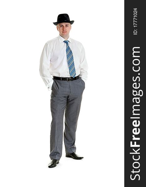 Businessman in a black hat on white background