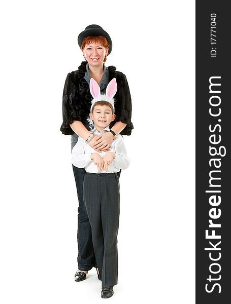 Mother with son with ear of the rabbit on white background