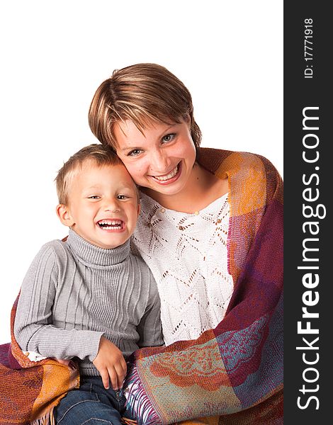 Charming woman with a son on a white background