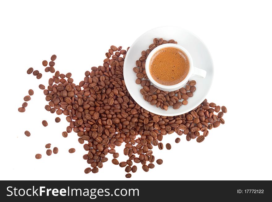 Cup of black coffee and beans isolated on white