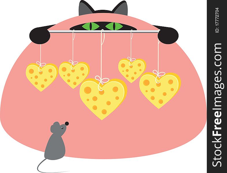 A cat from an ambush entices a mouse cheese hearts. A cat from an ambush entices a mouse cheese hearts