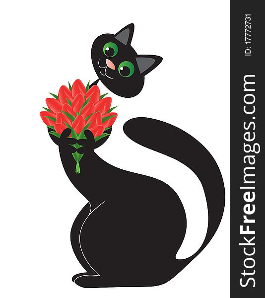 In love black cat with a flowers in paws. In love black cat with a flowers in paws