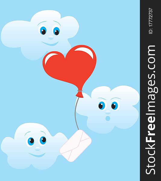 Shar as a heart personifying letter flies on sky to the addressee in surroundings playful clouds. Shar as a heart personifying letter flies on sky to the addressee in surroundings playful clouds.