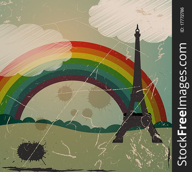 Grunge Eiffel tower and rainbow; blots and stains