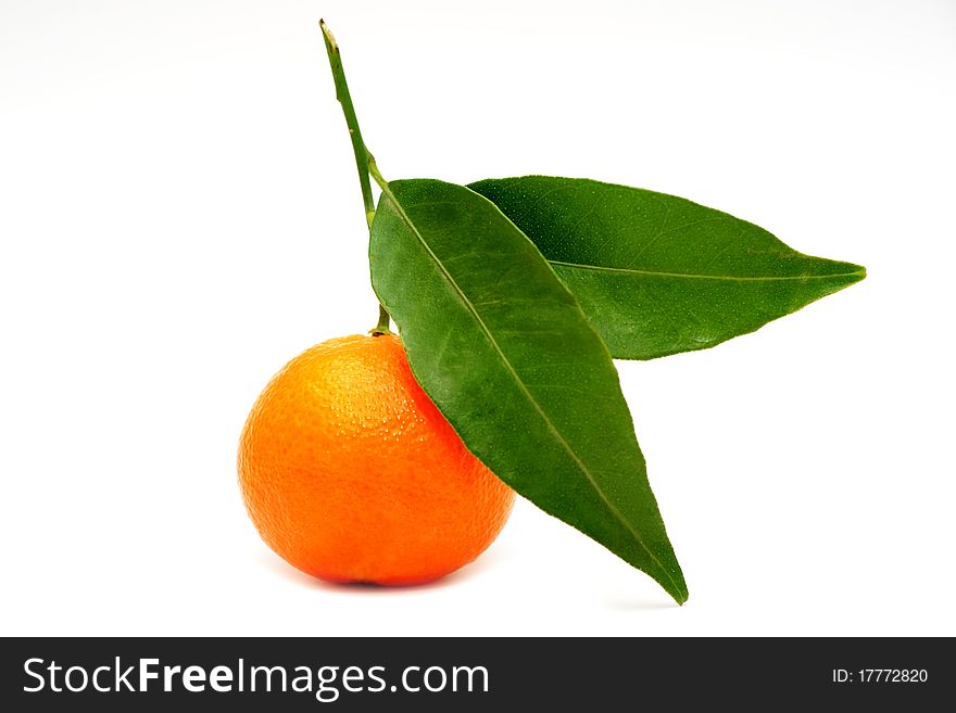 An image of an orange mandarin with green leaves. An image of an orange mandarin with green leaves