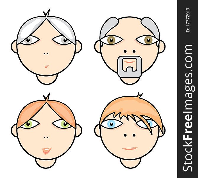 Four funny illustrated human faces. Four funny illustrated human faces