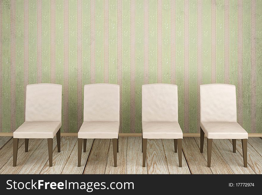 An empty room with dirty striped wallpaper and four chairs