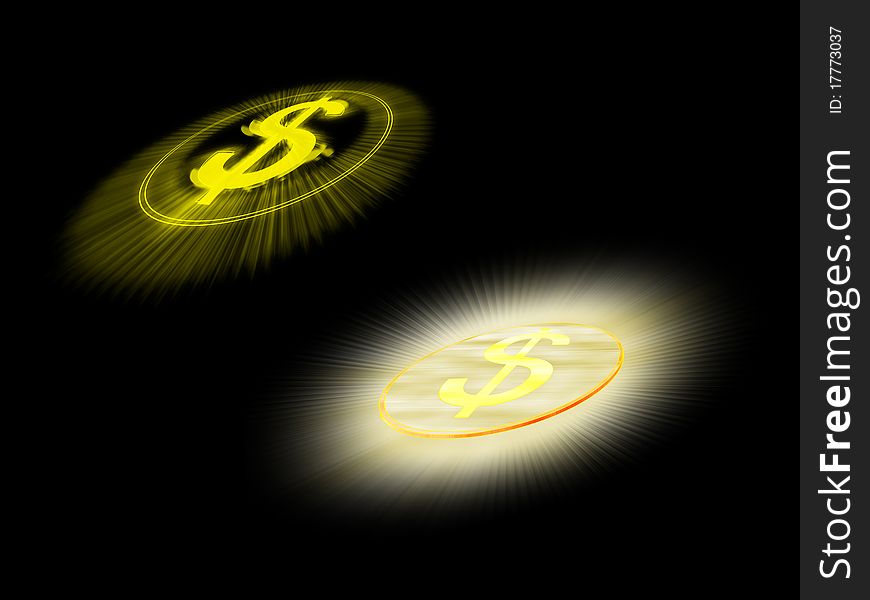 Two abstract golden dollar shining signs isolated on black