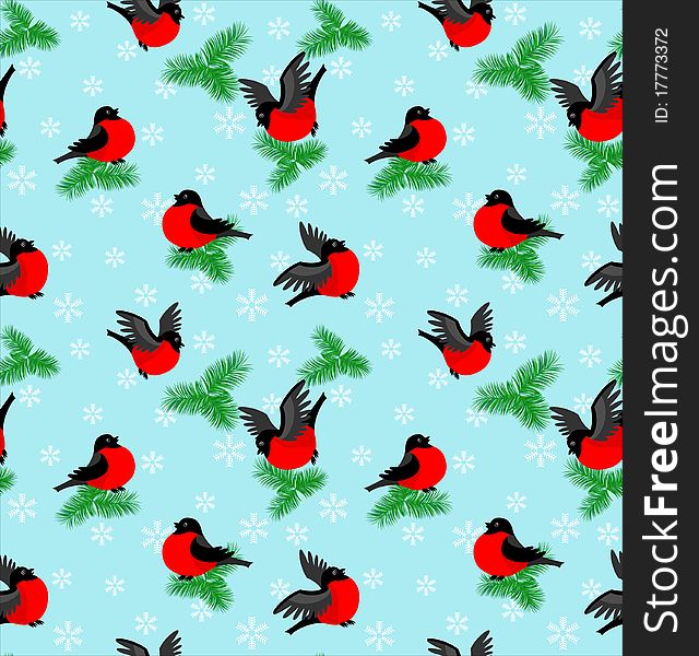Bullfinches are flying and tweetering around branches of fur-tree and snowflakes. Seamless pattern illustration. Bullfinches are flying and tweetering around branches of fur-tree and snowflakes. Seamless pattern illustration.