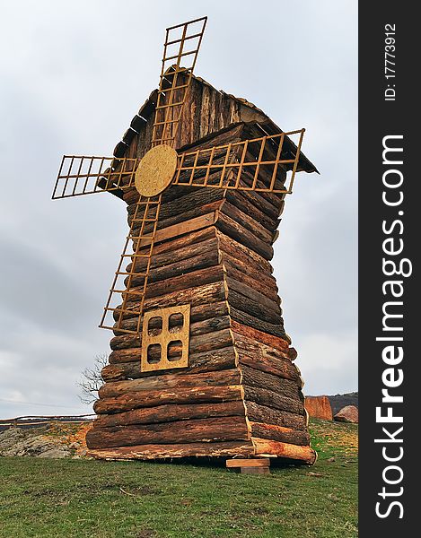 Model wooden windmill made in the recreation area near Simferopol