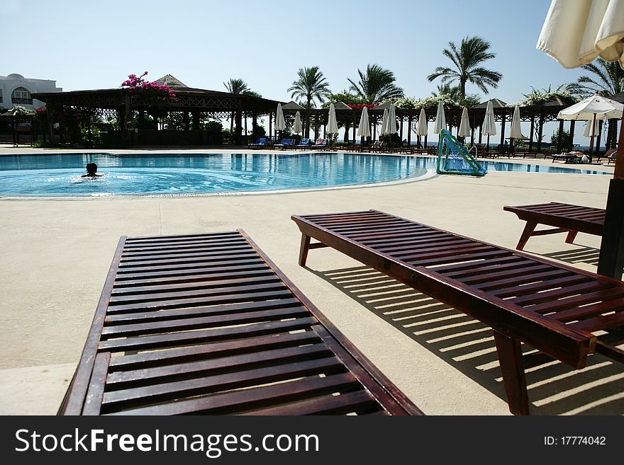 Hotel swimming pool Egypt. Blue water, palm, sun beds and people swimming