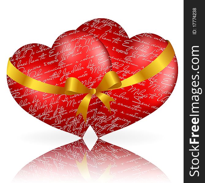 Two red hearts with golden bow and ribbon on white background. Vector eps10 illustration