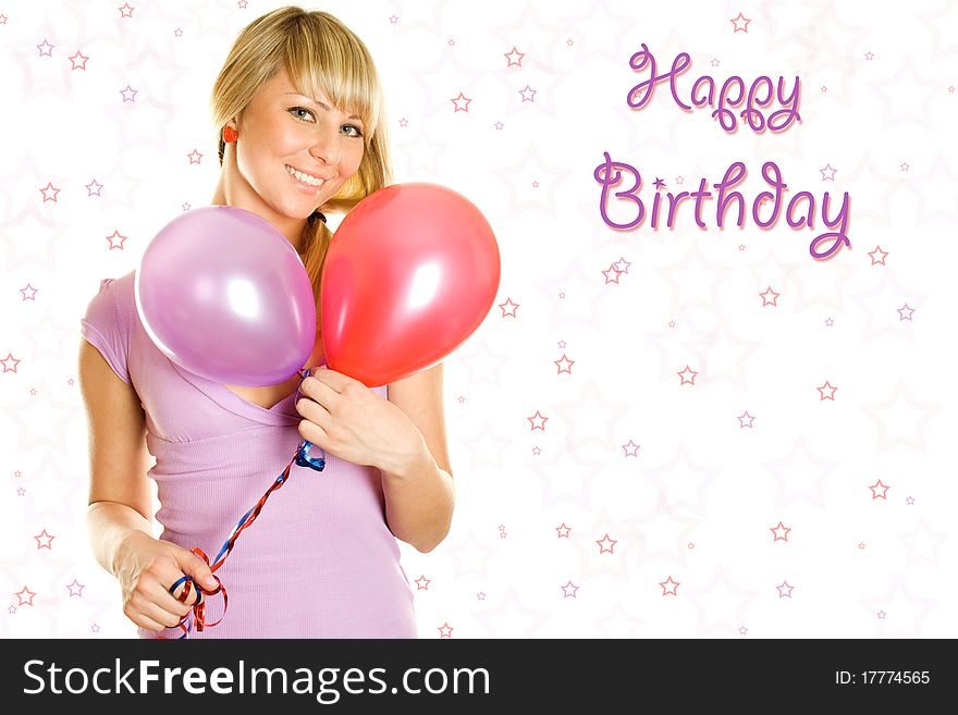 Close-up of a beautiful young woman with colorful balloons balloons. Text Happy Birthday