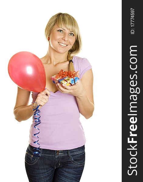 Close-up of an attractive young woman with balloons and gift box. Isolated on a white background